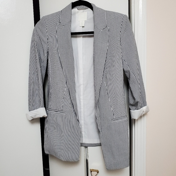H&M cotton striped career work open front  blazer - Picture 2 of 12